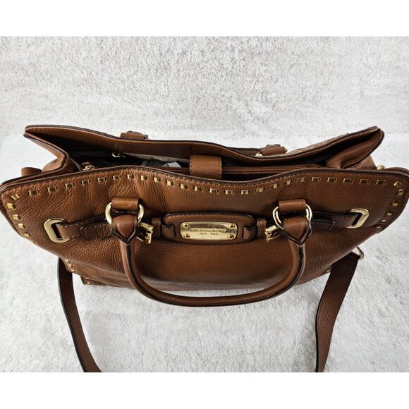 Michael Kors Hamilton Luggage Brown Pebble Leather Whipstitch Satchel Crossbody - Picture 11 of 13